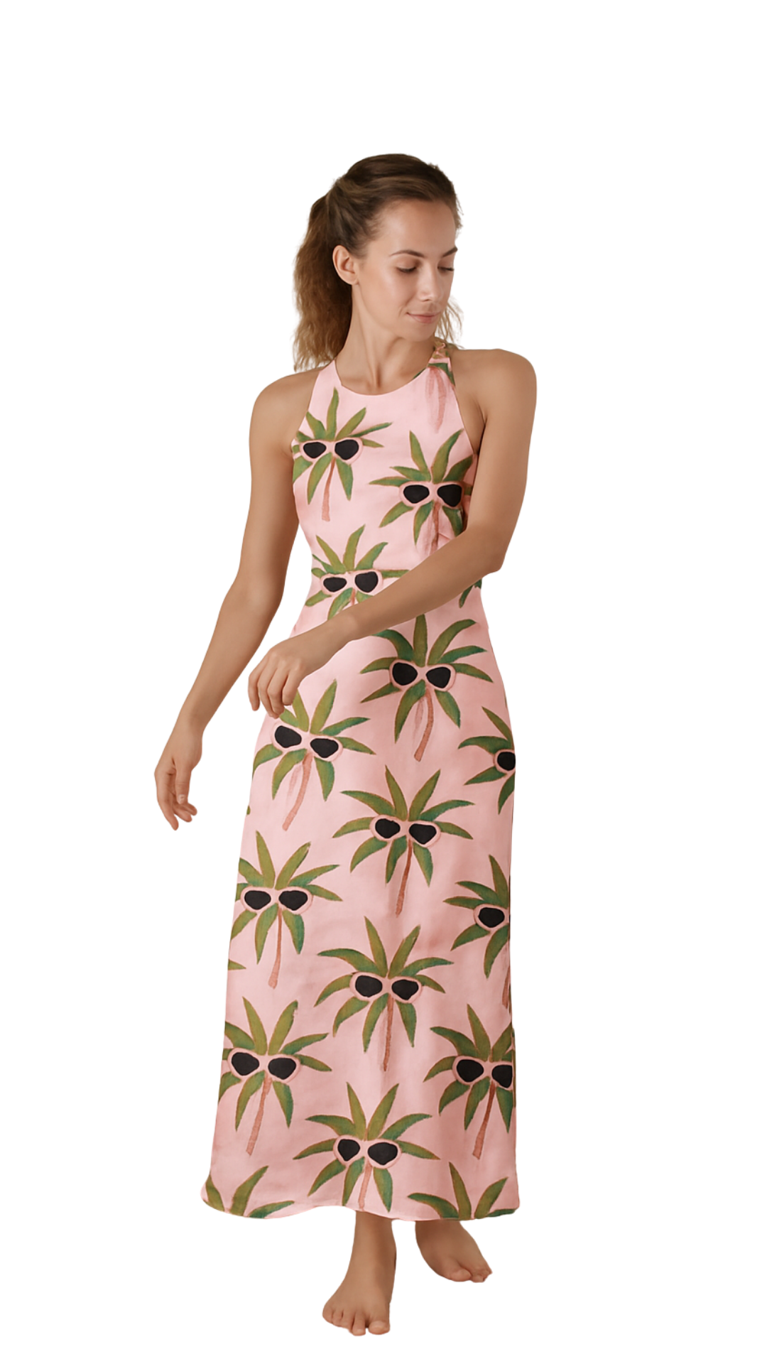 Woman wearing pink halter maxi dress with black shade palm tree print Tropicool Maxi