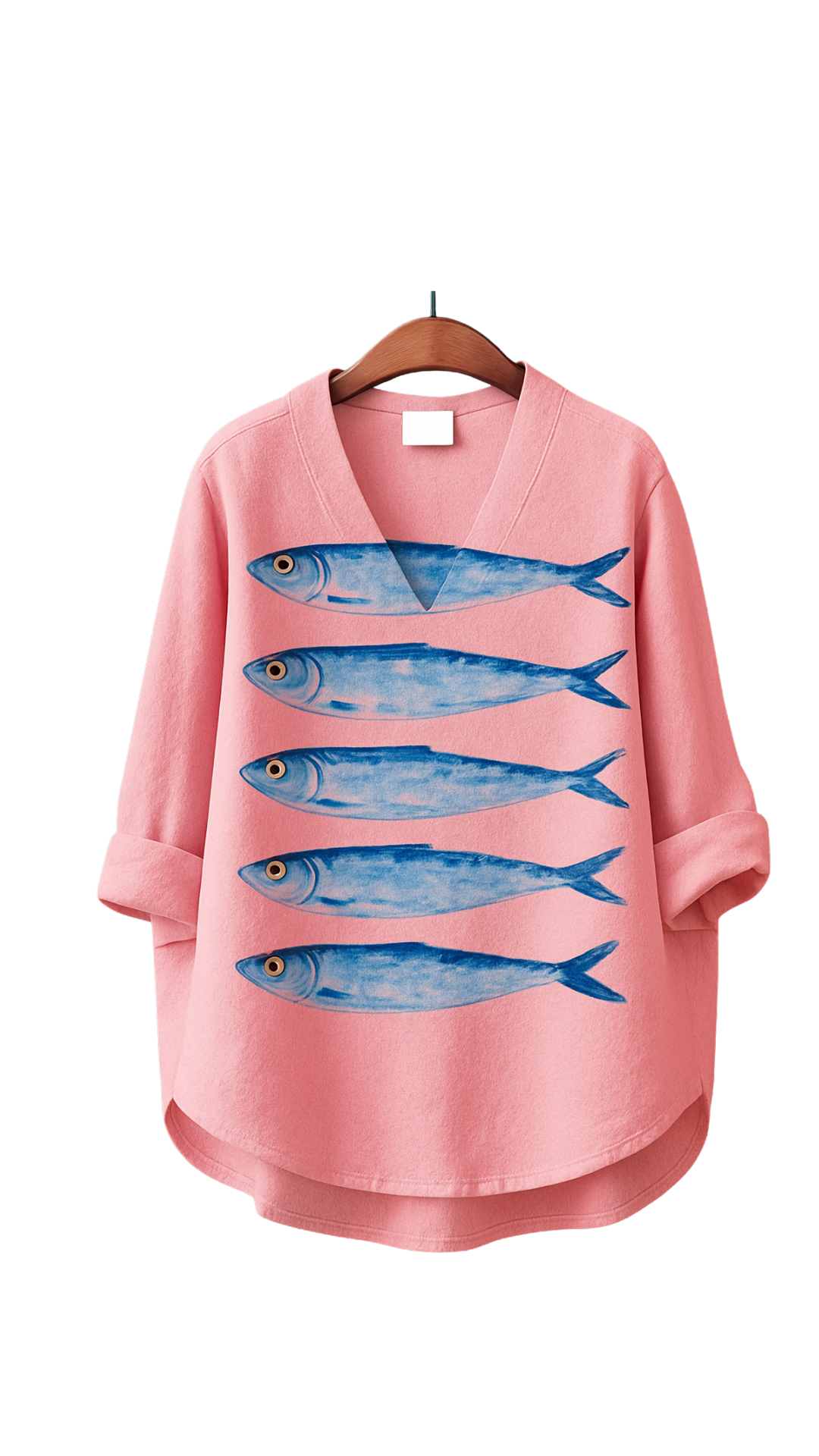 What The Fish Shirt in pink with five blue fish illustrations, perfect for standing out and swimming against the current.