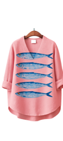 What The Fish Shirt in pink with five blue fish illustrations, perfect for standing out and swimming against the current.