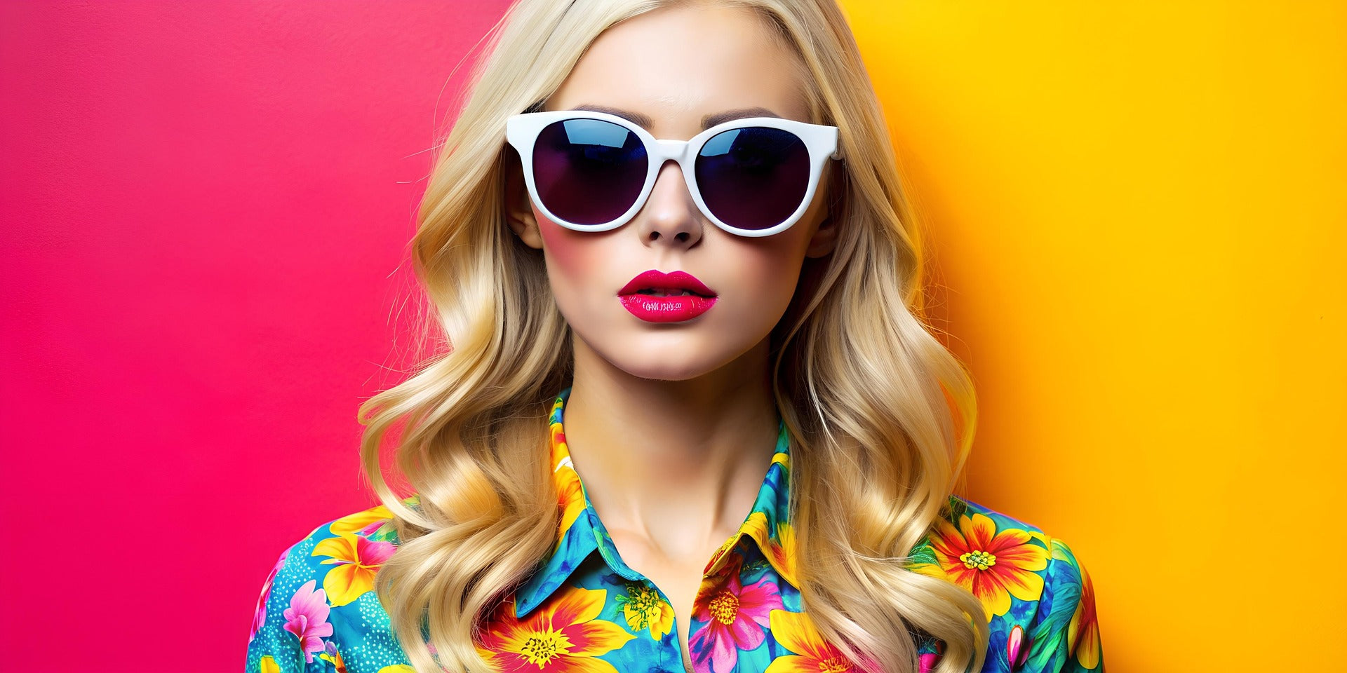 Woman wearing colorful sunglasses and a floral shirt against a pink and yellow background